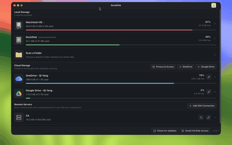 DuckDisk scanning the entire startup disk and showing the completed storage map